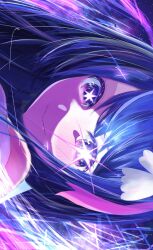  1girl closed_mouth commentary_request glowing glowing_eye highres hoshino_ai long_hair looking_at_viewer oshi_no_ko portrait purple_hair rayamamami shade sideways smile solo star-shaped_pupils star_(symbol) symbol-shaped_pupils violet_eyes 