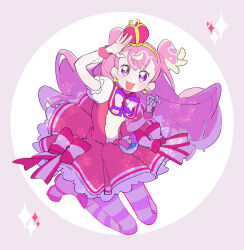 1girl 35kawaiiprpr border bow bowtie brooch butterfly_earrings crown cure_wonderful dress earrings full_body heart heart_brooch highres inset_border inukai_komugi jewelry long_hair magical_girl mini_crown multicolored_hair pantyhose petticoat pink_dress pink_hair pleated_dress precure puffy_short_sleeves puffy_sleeves round_border short_sleeves solo sparkle striped_clothes striped_pantyhose two-tone_hair wonderful_precure! wrist_cuffs 