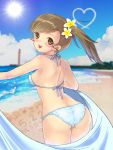  :d ass bikini blush breasts brown_eyes brown_hair flower from_behind futami_mami hair_flower hair_ornament highres idolmaster long_hair looking_back open_mouth side_ponytail smile solo swimsuit tenmitsuyuka 