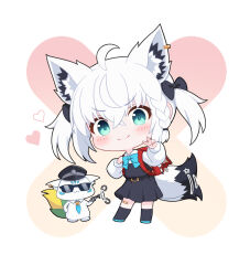  1girl aged_down ahoge animal_ear_fluff animal_ears belt black_bow black_skirt black_vest blue_bow blue_bowtie blush bow bowtie braid chibi commentary_request cuffs earrings extra_ears fox_ears fox_girl fox_tail green_eyes hair_between_eyes hair_bow handcuffs hat heart hololive jewelry long_hair looking_at_viewer peaked_cap pentagram shirakami_fubuki shirt sidelocks simple_background single_braid skirt smile sukonbu_(shirakami_fubuki) sunglasses tail tazaki_hayato two_side_up v vest virtual_youtuber white_hair white_shirt 