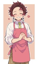 1boy absurdres apron brown_pants closed_eyes earrings forehead green_shirt hanafuda_earrings highres jewelry kamado_tanjirou kimetsu_gakuen kimetsu_no_yaiba kqi621 male_focus pants pink_apron red_hair scar scar_on_face scar_on_forehead school_uniform shirt short_hair smile solo teeth white_shirt 