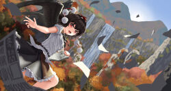  1girl absurdres amara_(user_wknm3252) autumn autumn_leaves black_hair black_skirt black_wings commentary_request day feathered_wings feet_out_of_frame flying forest frilled_skirt frills from_side hat high_up highres holding holding_newspaper leaf looking_at_viewer looking_back mountain mountainous_horizon nature newspaper outdoors pom_pom_(clothes) red_eyes scenery shameimaru_aya skirt solo tengu tokin_hat touhou tree water waterfall wide_shot wings 
