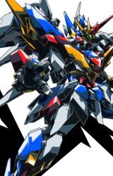  beastkingbarbaros commentary_request cropped_legs green_eyes highres looking_at_viewer mecha mecha_focus no_humans open_hand original outstretched_arm robot science_fiction simple_background single_mechanical_horn super_robot v-fin white_background 