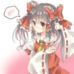  adjusting_hair alternate_hairstyle ascot bad_id bare_shoulders black_eyes black_hair blush bow detached_sleeves hair_bow hakurei_reimu miko pasutel short_hair solo spoken_blush touhou twintails 