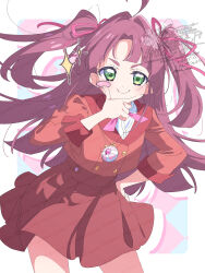  1girl ahoge bent_over blush blush_stickers bow closed_mouth green_eyes hair_bow hair_ribbon hand_on_own_chin hand_on_own_hip highres jacket kobayashi_mikuru long_hair looking_at_viewer meitantei_precure! pink_hair pink_ribbon pleated_skirt precure red_jacket red_skirt ribbon serizawa_serizane shirt skirt smile solo sparkle twintails two_side_up watermark white_shirt 