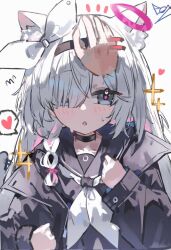  1girl animal_ear_fluff animal_ears black_choker black_coat black_eyes black_hairband black_sailor_collar black_serafuku blue_archive blush bow braid cat_ears choker coat colored_inner_hair commentary_request grey_eyes hair_over_one_eye hairband halo headpat heart highres kemonomimi_mode long_hair long_sleeves looking_at_viewer multicolored_hair neckerchief open_clothes open_coat open_mouth pink_hair pink_halo plana_(blue_archive) pov pov_hands red_pupils sailor_collar school_uniform serafuku side_braid simple_background single_braid solo_focus spoken_heart upper_body white_background white_hair white_neckerchief wrdij5w0rg31830 