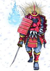  1boy absurdres armor bishamon_(darkstalkers) blonde_hair blue_fire blue_skin colored_skin darkstalkers fire full_body grey_skin helmet highres hitodama holding holding_sheath holding_sword holding_weapon horns japanese_armor kabuto_(helmet) katana kote kusazuri long_hair male_focus mask minokichi_(arufooto25) monster oni oni_mask pants samurai sandals scabbard sharp_teeth sheath shoulder_armor snow snowing sode solo sword teeth tusks unsheathed weapon white_background 