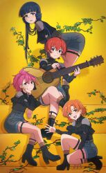  2girls bent_over black_boots black_hair black_shirt blue_eyes boots brown_eyes checkered_clothes checkered_skirt closed_mouth grey_skirt guitar high_heel_boots high_heels highres holding holding_guitar holding_instrument idolmaster idolmaster_million_live! instrument jirion julia_(idolmaster) kitakami_reika long_hair long_sleeves looking_at_viewer maihama_ayumu multiple_girls open_mouth orange_hair pink_eyes pink_hair ponytail red_hair shirt short_hair sitting skirt standing twintails yabuki_kana 