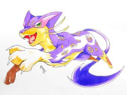  animal_focus cat claws commentary_request fangs full_body green_eyes highres liepard looking_at_viewer meruru_gu no_humans open_mouth pokemon pokemon_(creature) pokemon_focus purple_fur simple_background solo thai_commentary whiskers white_background yellow_fur 