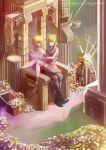  1girl anklet axe barefoot blonde_hair earrings fate/zero fate_(series) gilgamesh gold green_eyes highres jewelry long_legs necklace s87074877 saber sitting throne toga treasure weapon 