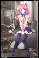  1girl 3d_background absurdres antenna_hair between_legs black_thighhighs blazer bow bowtie breasts brown_jacket chaos;head collared_shirt commentary_request derivative_work dress_shirt full_body hair_ribbon hand_between_own_legs highres indoors jacket long_hair long_sleeves looking_at_viewer miniskirt nishijou_myu no_shoes official_art_redraw one_side_up open_mouth petticoat pink_eyes pink_hair plaid_bow plaid_bowtie plaid_clothes plaid_skirt pleated_skirt purple_bow purple_bowtie purple_skirt ribbon sakihata_rimi school_uniform science_adventure shirt sitting skirt small_breasts smile solo suimei_academy_school_uniform thigh-highs tongue v_arms white_shirt winter_uniform 