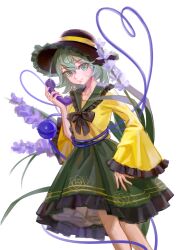  1girl absurdres bing_guo black_bow black_bowtie black_hat bow bowtie chinese_commentary closed_mouth collared_shirt commentary_request disembodied_linked_eye eyeball floral_print flower flower_request frilled_shirt_collar frilled_skirt frilled_sleeves frills green_eyes green_hair green_skirt hat hat_bow heart heart_of_string highres holding holding_phone koishi_day komeiji_koishi long_sleeves looking_at_viewer phone print_skirt purple_flower rose_print shirt simple_background skirt smile solo touhou white_background wide_sleeves yellow_bow yellow_shirt 