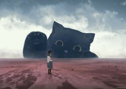 1girl animal beach black_cat black_shoes black_thighhighs blue_sailor_collar blue_sky cat clouds collared_shirt commentary_request monokubo neckerchief original oversized_animal pleated_skirt red_neckerchief sailor_collar sand school_uniform serafuku shirt shoes skirt sky solo thigh-highs whiskers white_shirt yellow_eyes 