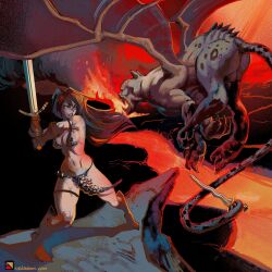  1girl absurdres armor artist_logo artist_name bikini_armor boots brown_boots brown_gloves cliff dagger dynamic_pose fangs fantasy fire flying gloves highres holding holding_dagger holding_knife holding_sword holding_weapon knife landscape lava logo long_hair monster mountain muscular nature neal_d._anderson prehensile_tail red_hair red_sonja red_sonja_(comics) rock scenery signature smoke sword tail volcano weapon web_address wings 