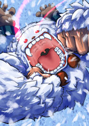  absurdres clenched_hand clenched_hands darkstalkers fangs fighting furry glowing glowing_eyes highres horns incoming_attack jewelry male_focus minokichi_(arufooto25) necklace no_humans open_mouth outdoors punching red_eyes sasquatch_(darkstalkers) snow snowing solo teeth tongue white_fur 