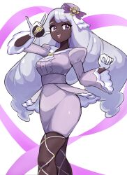  1girl :d commentary_request dark-skinned_female dark_skin dekin_santa dress eyelashes fishnet_pantyhose fishnets gloves grey_hair hand_up happy holding holding_poke_ball jacinthe_(pokemon) knees long_hair long_sleeves luxury_ball open_mouth pantyhose poke_ball pokemon pokemon_legends:_z-a puffy_sleeves smile solo teeth tilted_headwear upper_teeth_only violet_eyes white_background white_gloves 