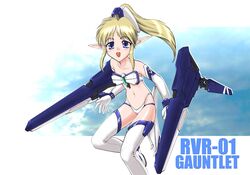  bikini blonde_hair blue_eyes blush boots elbow_gloves gloves highleg highleg_bikini highleg_swimsuit long_hair mecha_musume midriff mochizuki_kazuto navel personification pointy_ears ponytail rvr-01_gauntlet swimsuit thigh-highs thigh_boots thighhighs thunder_force white_bikini white_gloves white_legwear 