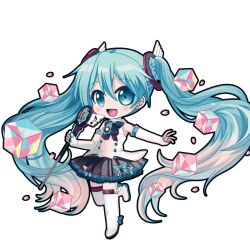  1girl :d black_outline black_skirt blue_bow blue_bowtie blue_eyes blush boots bow bowtie cherry_blossoms chibi chibi_only cube detached_sleeves falling_petals floating floating_hair floating_object full_body game_asset hair_between_eyes hair_ornament hatsune_miku hatsune_miku_graphy_collection holding holding_microphone long_hair looking_at_viewer magical_mirai_miku magical_mirai_miku_(2017) microphone microphone_wand multicolored_hair open_mouth outline petals pink_hair pleated_skirt shirt skirt sleeveless sleeveless_shirt smile solo standing standing_on_one_leg thigh_boots transparent_background twintails_with_hair_base very_long_hair vocaloid white_boots white_shirt 
