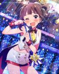  1girl ;d artist_request audience brown_hair crying glowstick idolmaster idolmaster_million_live! microphone musical_note official_art open_mouth signature smile tears violet_eyes wink wiping_tears yokoyama_nao 