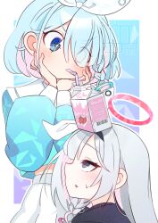  +_+ 2girls arona_(blue_archive) black_hairband black_sailor_collar blue_archive blue_background blue_hair blue_shirt blush border commentary_request crop_top drink_carton drinking drinking_straw eyes_visible_through_hair grey_eyes grey_hair hair_over_one_eye hairband halo hands_on_own_cheeks hands_on_own_face hands_up highres long_bangs long_hair long_sleeves looking_at_another looking_up midriff_peek milk_carton multiple_girls outside_border parted_bangs parted_lips pink_halo plana_(blue_archive) pleated_skirt profile puffy_long_sleeves puffy_sleeves red_pupils sailor_collar school_uniform serafuku shake_(shakepanchi_001) shirt short_hair sideways_mouth skirt sleeve_cuffs small_sweatdrop straight_hair unamused v-shaped_eyebrows watermark white_border white_sailor_collar white_skirt 