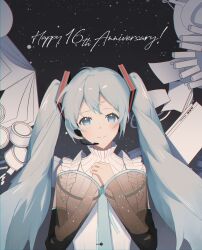  1girl absurdres ahoge ame_miya_ta aqua-framed_eyewear aqua_necktie blue_eyes blush collared_shirt commentary_request detached_sleeves double-parted_bangs english_commentary english_text hair_between_eyes happy_birthday hatsune_miku headphones headset highres long_hair looking_at_viewer mixed-language_commentary necktie night see-through_clothes see-through_sleeves shirt sidelocks sky sleeveless sleeveless_shirt smile solo star_(sky) twintails upper_body vocaloid white_shirt 