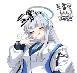  1girl absurdres blue_archive blue_necktie blunt_bangs blush breasts choon_sik2 closed_eyes halo headgear highres jacket jacket_partially_removed long_hair long_sleeves mechanical_halo medium_breasts necktie noa_(blue_archive) reference_inset shirt simple_background smile smug suit two-sided_fabric two-sided_jacket white_background white_hair white_halo white_jacket white_shirt white_suit 