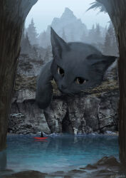  animal artist_name boat cat cave commentary_request fog forest giant monokubo mountain nature original oversized_animal reflection reflective_liquid river scenery size_difference water watercraft whiskers 