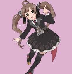  1girl :d ahoge black_jacket black_ribbon black_shoes black_skirt black_thighhighs brown_eyes brown_hair commentary_request dated foot_out_of_frame hair_ribbon hakozaki_serika highres idolmaster idolmaster_million_live! idolmaster_million_live!_theater_days index_finger_raised jacket leg_up long_hair long_sleeves musical_note musical_note_print musical_staff musical_staff_print official_alternate_costume open_mouth pink_background print_ribbon print_skirt print_thighhighs ribbon shoes simple_background skirt smile solo standing standing_on_one_leg tarako_oniyon thigh-highs twintails very_long_hair 