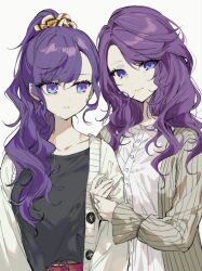  2girls aimi_(mimi_nii2) arm_hug asahina_mafuyu asahina_mafuyu's_mother belt black_shirt breasts buttons cardigan closed_mouth collarbone commentary dot_nose hair_ornament hair_over_shoulder hair_scrunchie high_ponytail highres jewelry large_breasts long_hair long_sleeves looking_at_viewer mother_and_child mother_and_daughter multiple_girls open_cardigan open_clothes parent_and_child ponytail project_sekai purple_hair red_belt ring scrunchie shirt sidelocks simple_background smile untranslatable_commentary upper_body violet_eyes wavy_hair white_background white_cardigan white_shirt 