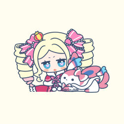  artist_name beatrice_(re:zero) blonde_hair blue_eyes blush bow commentary_request crown dress drill_hair hair_bow mini_crown open_mouth pink_bow pokemon pokemon_(creature) re:zero_kara_hajimeru_isekai_seikatsu red_dress rizu_(rizunm) simple_background sylveon symbol-shaped_pupils twin_drills white_background 