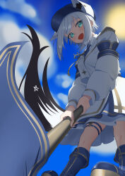  1girl animal_ear_fluff animal_ears blue_boots blue_skirt blurry blurry_background blush boots braid clouds cloudy_sky commentary_request earrings ears_through_headwear epaulettes extra_ears flag fox_ears fox_girl fox_tail from_below green_eyes hair_between_eyes hat highres holding holding_flag hololive jewelry long_hair looking_at_viewer open_mouth peaked_cap pentagram shirakami_fubuki shirt sidelocks single_braid skirt sky solo tail thigh_strap torakanta virtual_youtuber white_hair white_shirt 
