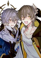  2boys black_gloves black_jacket black_shirt blue_jacket blush caelus_(honkai:_star_rail) collarbone commentary_request double_v earrings feathered_wings fingerless_gloves gloves gold_earrings gold_trim grey_hair hair_between_eyes halo halo_behind_head hand_up hands_up head_wings highres honkai:_star_rail honkai_(series) hood hooded_jacket jacket jewelry lapels long_sleeves looking_at_another looking_at_viewer male_focus multicolored_jacket multiple_boys multiple_rings open_clothes open_jacket open_mouth piercing ring shirt short_hair sidelocks simple_background smile sswip2 sunday_(honkai:_star_rail) sweatdrop t-shirt trailblazer_(honkai:_star_rail) two-sided_fabric two-sided_jacket two-tone_jacket upper_body v white_background white_jacket white_shirt wing_piercing wings yellow_eyes yellow_jacket 