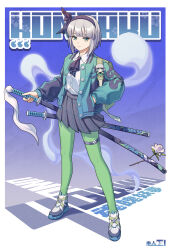  1girl absurdres alternate_costume ascot black_ascot black_hairband black_jacket breasts character_doll character_name chinese_commentary closed_mouth collared_shirt commentary_request commission doll flower full_body green_eyes green_pantyhose grey_hair grey_skirt hairband hand_in_pocket highres hitodama hotpot_(876886120) jacket katana konpaku_youmu konpaku_youmu_(ghost) looking_at_viewer multicolored_jacket multiple_swords open_clothes open_jacket pantyhose pink_flower pleated_skirt second-party_source sheath sheathed shirt shoes short_hair skirt small_breasts solo sword thigh_strap touhou two-tone_jacket weapon white_shirt white_shoes 
