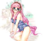  blush breasts cyprus glasses long_hair looking_at_viewer megurine_luka pink_hair school_swimsuit smile solo strap_slip stuffed_animal stuffed_toy swimsuit teddy_bear very_long_hair vocaloid 