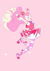  1girl 35kawaiiprpr absurdres arms_up boots closed_eyes commentary_request cure_wonderful dress full_body highres inukai_komugi long_hair multicolored_hair pantyhose petticoat pink_background pink_dress pink_hair pleated_dress precure simple_background smile solo striped_clothes striped_pantyhose two-tone_hair two_side_up very_long_hair wonderful_precure! wrist_cuffs 