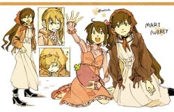 2girls alternate_costume alternate_hairstyle arm_up aubrey_(faraway)_(omori) aubrey_(omori) black_boots black_eyes black_hair black_jacket boots bow character_name closed_eyes closed_mouth commentary_request dabi000 dress finger_to_mouth hair_behind_ear hair_bow high_heel_boots high_heels holding holding_stuffed_toy index_finger_raised jacket long_hair looking_at_viewer mari_(faraway)_(omori) mari_(omori) mr._plantegg_(omori) multiple_girls omori one_eye_closed open_clothes open_jacket open_mouth pink_bow pink_dress side_ponytail stuffed_eggplant stuffed_toy teeth twitter_username upper_teeth_only 