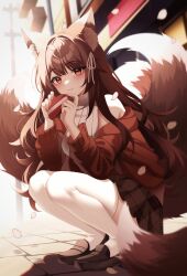  1girl animal_ears blush box closed_mouth foxplushy hair_ribbon heart-shaped_box highres indie_virtual_youtuber kiyochii kneeling long_hair looking_at_viewer multiple_tails off_shoulder outdoors petals ribbon smile solo tail thigh-highs turtleneck 