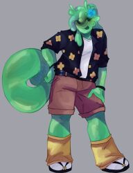  1boy averythemayo black_shirt cargo_shorts colored_skin commentary english_commentary floral_print flower green_skin grin hair_flower hair_ornament hand_on_own_leg hawaiian_shirt herocat07 highres leg_warmers male_focus monster_boy searching_for_a_world_that_doesn't_exist shirt short_hair shorts slime_boy smile socks solo tail undershirt white_shirt white_socks 