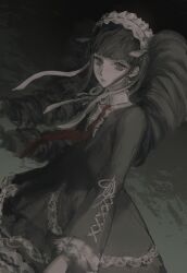 1girl absurdres black_hair black_jacket bonnet celestia_ludenberg commentary danganronpa:_trigger_happy_havoc danganronpa_(series) drill_hair earrings english_commentary frills gothic_lolita highres jacket jewelry lepisspit lolita_fashion long_hair long_sleeves looking_at_viewer necktie red_eyes red_necktie skirt solo twin_drills twintails 