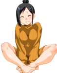  1girl barefoot black_hair closed_eyes extra hair_bun indian_style k-on! nakajima_nobuyo naked_sweater ribbed_sweater shinama simple_background sitting sweater white_background 