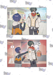  1boy 1girl absurdres alternate_costume animalization belle_(zenless_zone_zero) black_pants blue_hair cellphone closed_eyes closed_mouth commentary day food green_hair hair_between_eyes hand_in_pocket heart hetero highres holding holding_phone hood hood_down hooded_jacket jacket lighter_(zenless_zone_zero) long_sleeves lottery_ticket multiple_views open_clothes open_jacket outdoors pants person_and_animalization phone popcorn red_scarf scarf shenlan_yunxing short_hair smartphone spoken_heart sunglasses sweat sweater_vest taking_picture thigh_strap zenless_zone_zero 