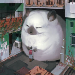  1girl animal artist_name backpack bag black_hair blue_coat building chinchilla_(animal) closed_eyes coat commentary_request fluffy monokubo original outdoors oversized_animal randoseru red_bag short_hair stairs whiskers window 