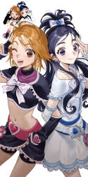  2girls absurdres arm_warmers bike_shorts black_arm_warmers black_hair black_shorts blue_eyes brown_eyes commentary_request cure_black cure_white dress earrings futari_wa_precure gomang1201 heart heart_earrings highres jewelry long_hair looking_at_viewer magical_girl midriff misumi_nagisa multiple_girls navel official_art_inset one_eye_closed open_mouth orange_hair precure short_hair shorts simple_background smile teeth white_arm_warmers white_background white_dress yukishiro_honoka yuri 