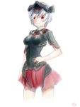  blush_stickers breasts cenes_crawford cosplay crossover darius darius_burst hand_on_hip headdress hips impossible_clothes miniskirt red_eyes sakichi_funaya short_sleeves skirt solo thunder_force thunder_force_v ti2 ti2_(cosplay) white_hair 