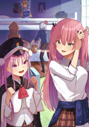  6+girls :d absurdres aikawa_megumi anger_vein asakura_karen_(heaven_burns_red) ascot bao_(s_888) black_cape black_hat black_thighhighs blonde_hair blush breasts brown_skirt bun_cover cape clenched_hands clothes_around_waist collared_shirt commentary_request cowboy_shot day double_bun dress_shirt eyes_visible_through_hair green_eyes grey_hair hair_between_eyes hair_bun hair_ribbon hands_up hat heaven_burns_red highres hood hood_up indoors izumi_yuki jacket jacket_around_waist kayamori_ruka kunimi_tama large_breasts light_particles long_hair long_sleeves looking_at_another military_hat miniskirt morning multiple_girls open_mouth pajamas peaked_cap pink_eyes pink_hair plaid_clothes plaid_skirt pleated_skirt red_ascot ribbon shirt short_hair sidelighting sidelocks skirt sleeves_rolled_up smile standing straight_hair stretching striped_clothes striped_pajamas team_31a_(heaven_burns_red) thigh-highs toujou_tsukasa tying_hair v-shaped_eyebrows very_long_hair waking_up white_ribbon white_shirt zettai_ryouiki 