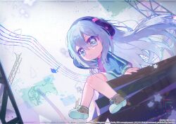  1girl artist_name blue_eyes blue_jacket brown_shoes chou_ji_yun commentary_request company_name copyright_notice deformed full_body grey_hair guest_art hair_between_eyes headphones jacket korean_commentary long_hair musical_note official_art open_clothes open_jacket project_sekai purple_shirt second-party_source shirt shoelaces shoes shorts sitting sneakers solo star_(symbol) very_long_hair web_address white_shorts yoisaki_kanade 