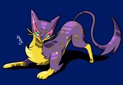  animal_focus blue_background cat closed_mouth full_body green_eyes highres liepard looking_at_viewer meruru_gu no_humans pokemon pokemon_(creature) pokemon_focus purple_fur simple_background solo standing whiskers yellow_fur 