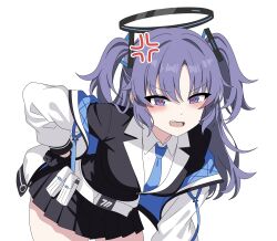  1girl absurdres anger_vein black_gloves black_halo black_skirt blue_archive blue_necktie blush breasts choon_sik2 commentary_request gloves hair_ornament halo highres jacket jacket_partially_removed korean_commentary long_hair long_sleeves looking_at_viewer mechanical_halo medium_breasts necktie open_mouth pleated_skirt purple_hair red_pupils shirt simple_background skirt solo teeth triangle_hair_ornament two-sided_fabric two-sided_jacket two_side_up upper_teeth_only violet_eyes white_background white_shirt yuuka_(blue_archive) 
