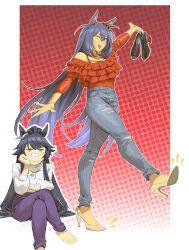  2girls absurdres animal_ears bandaid bandaid_on_face bandaid_on_nose black_hair breasts closed_mouth crossed_legs dark-skinned_female dark_skin denim ear_scrunchie hair_between_eyes hair_ornament hairclip head_rest highres hishi_amazon_(casual)_(umamusume) hishi_amazon_(umamusume) holding holding_shoes holding_unworn_clothes horse_ears horse_girl jeans long_hair long_sleeves multiple_girls narita_brian_(casual)_(umamusume) narita_brian_(umamusume) one_eye_closed open_mouth pants ponytail purple_pants red_eyes red_shirt ruukii_drift shirt shoes sitting smile standing sweater teeth torn_clothes torn_jeans torn_pants umamusume unworn_shoes upper_teeth_only very_long_hair white_sweater yellow_eyes 