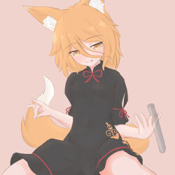  1girl :p alternate_color animal_ear_fluff animal_ears black_romper blonde_hair blush breasts closed_mouth commentary covered_navel fox_ears fox_girl fox_shadow_puppet fox_tail hair_between_eyes highres holding holding_test_tube jitome kokowoch kudamaki_tsukasa long_hair_between_eyes looking_at_viewer open_hand pink_background red_ribbon ribbon romper short_hair short_sleeves simple_background sitting sleeve_ribbon small_breasts smile solo spread_legs tail test_tube tongue tongue_out touhou variant_set yellow_eyes 